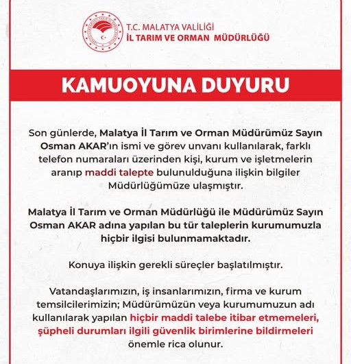 Malatya İl Tarım ve Orman Müdürlüğü’nden Dolandırıcılık Uyarısı